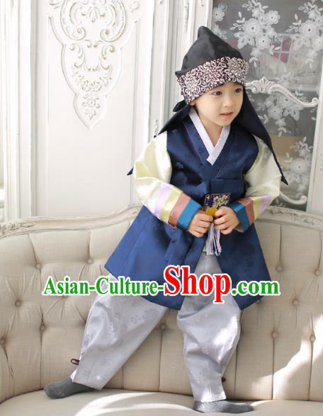 Asian Korean National Traditional Handmade Formal Occasions Boys Embroidery Navy Vest Hanbok Costume Complete Set for Kids