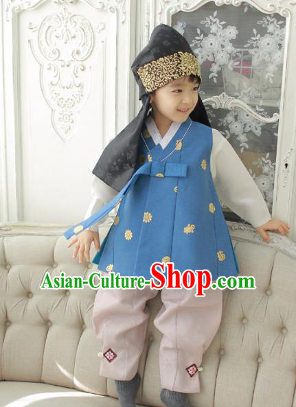 Asian Korean National Traditional Handmade Formal Occasions Boys Embroidery Blue Vest Hanbok Costume Complete Set for Kids