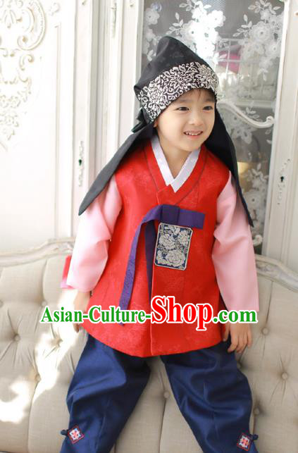 Asian Korean National Traditional Handmade Formal Occasions Boys Embroidery Red Vest Hanbok Costume Complete Set for Kids