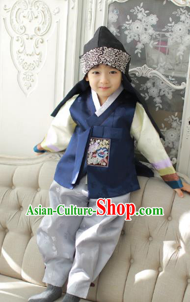 Asian Korean National Traditional Handmade Formal Occasions Boys Embroidery Navy Vest Hanbok Costume Complete Set for Kids