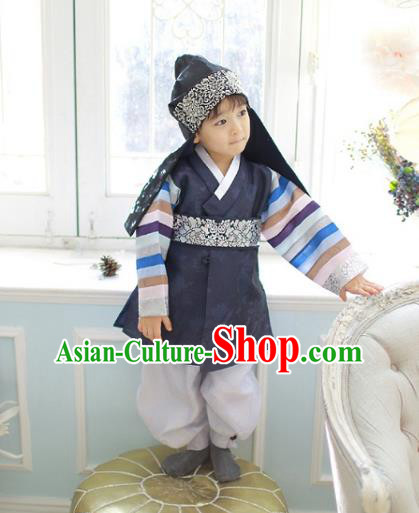 Asian Korean National Traditional Handmade Formal Occasions Boys Embroidery Navy Vest Prince Hanbok Costume Complete Set for Kids