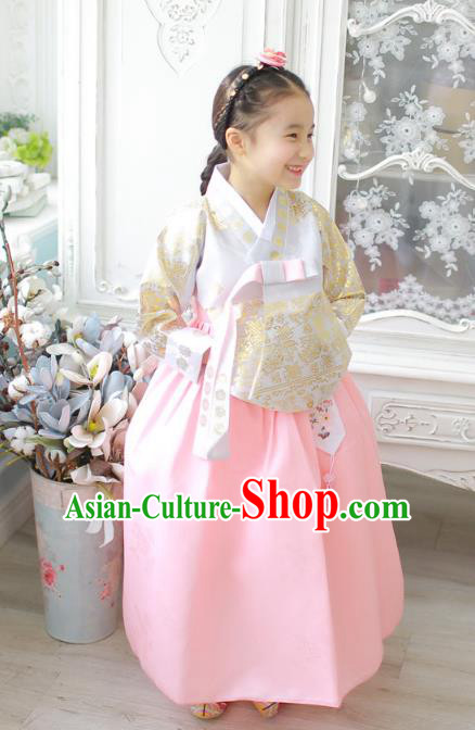 Asian Korean National Handmade Formal Occasions Wedding Girls Clothing Embroidered Beige Blouse and Pink Dress Palace Hanbok Costume for Kids