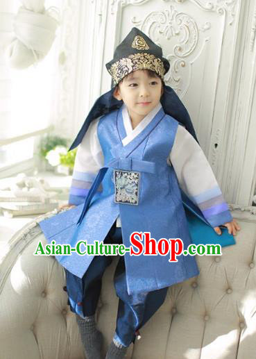 Asian Korean National Traditional Handmade Formal Occasions Boys Embroidery Blue Vest Prince Hanbok Costume Complete Set for Kids