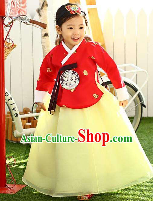 Korean National Handmade Formal Occasions Girls Hanbok Costume Embroidered Red Blouse and Yellow Dress for Kids