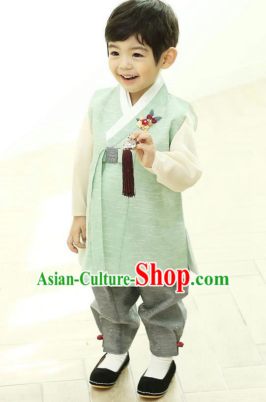 Asian Korean National Traditional Handmade Formal Occasions Boys Embroidery Green Vest Hanbok Costume Complete Set for Kids