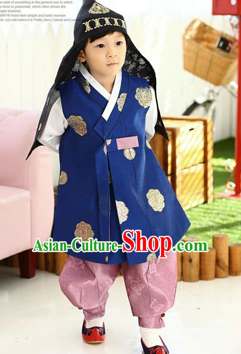 Asian Korean National Traditional Handmade Formal Occasions Boys Embroidery Blue Vest Hanbok Costume Complete Set for Kids