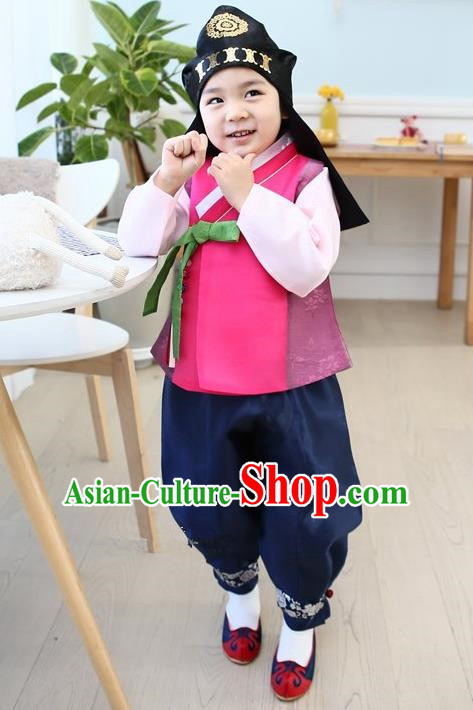 Asian Korean National Traditional Handmade Formal Occasions Boys Embroidery Pink Vest Hanbok Costume Complete Set for Kids