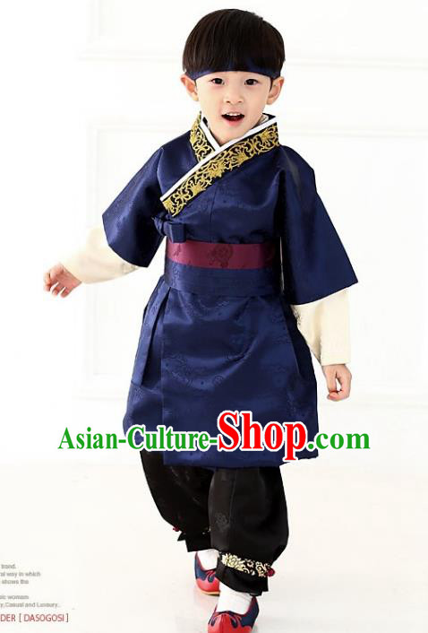 Asian Korean National Traditional Handmade Formal Occasions Boys Embroidery Deep Blue Vest Hanbok Costume Complete Set for Kids