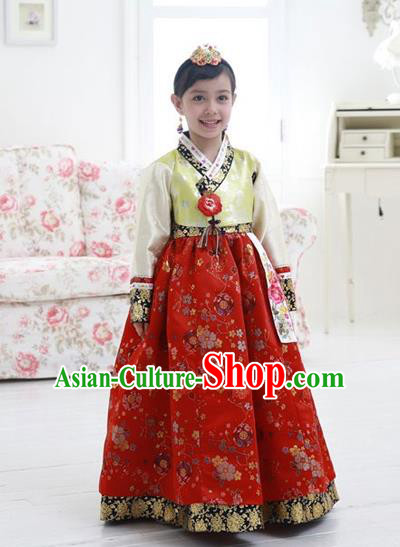 Asian Korean National Handmade Formal Occasions Wedding Girls Clothing Embroidered Green Blouse and Red Dress Palace Hanbok Costume for Kids