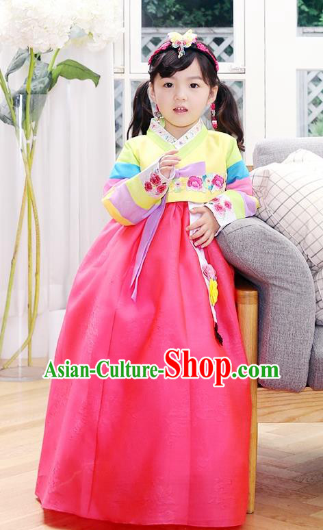 Asian Korean National Handmade Formal Occasions Wedding Girls Clothing Embroidered Yellow Blouse and Pink Dress Palace Hanbok Costume for Kids