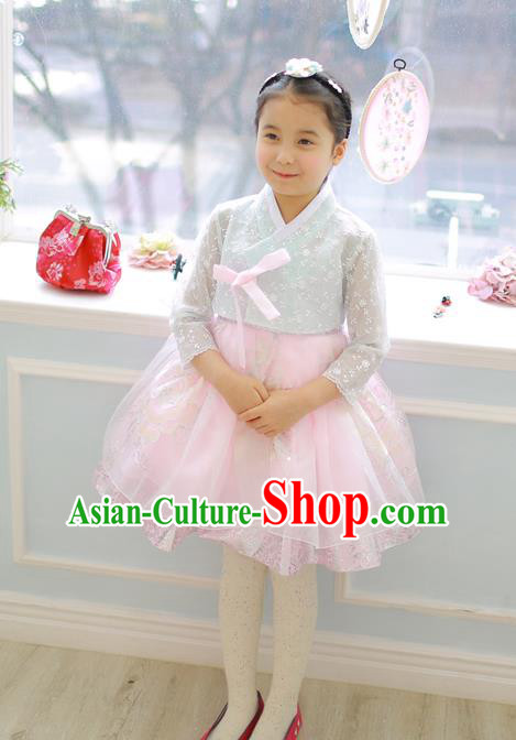 Asian Korean National Handmade Formal Occasions Wedding Girls Clothing Embroidered White Lace Blouse and Pink Dress Palace Hanbok Costume for Kids