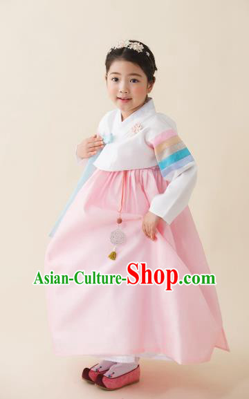 Asian Korean National Handmade Formal Occasions Wedding Girls Clothing Embroidered White Blouse and Pink Dress Palace Hanbok Costume for Kids