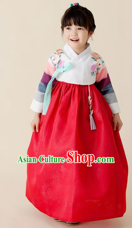 Asian Korean National Handmade Formal Occasions Wedding Girls Clothing Embroidered White Blouse and Red Dress Palace Hanbok Costume for Kids