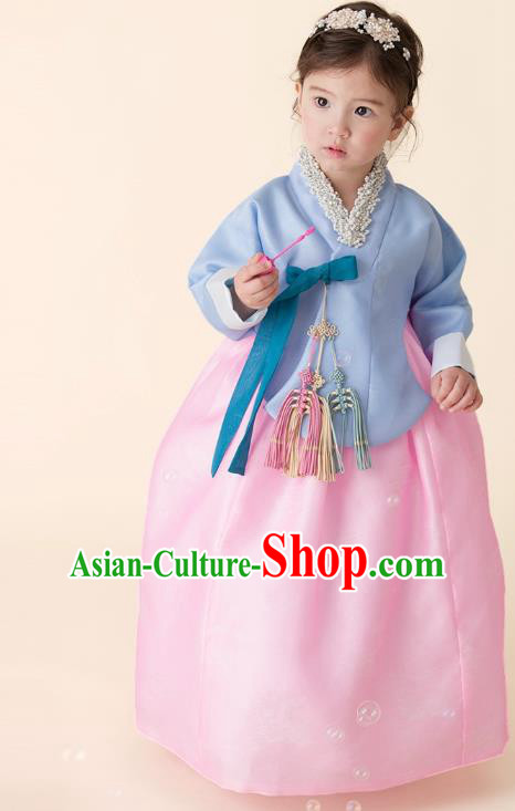 Asian Korean National Handmade Formal Occasions Wedding Girls Clothing Embroidered Blue Blouse and Pink Dress Palace Hanbok Costume for Kids