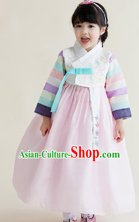 Asian Korean National Handmade Formal Occasions Wedding Girls Clothing Embroidered White Blouse and Pink Dress Palace Hanbok Costume for Kids