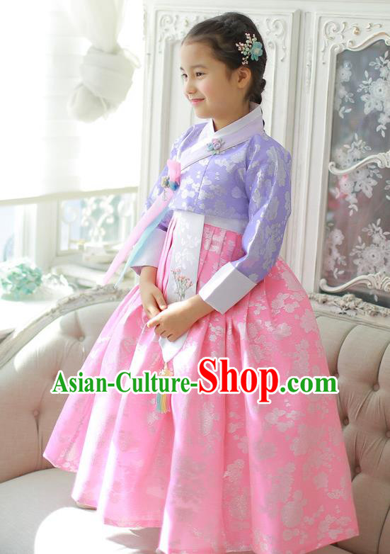 Asian Korean National Handmade Formal Occasions Wedding Girls Clothing Embroidered Purple Blouse and Pink Dress Palace Hanbok Costume for Kids