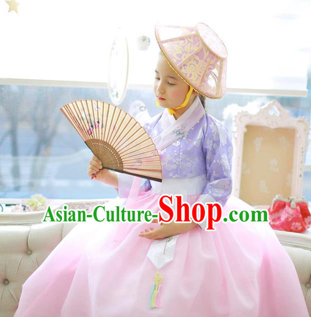 Asian Korean National Handmade Formal Occasions Wedding Girls Clothing Embroidered Purple Blouse and Pink Dress Palace Hanbok Costume for Kids