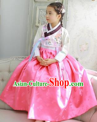 Asian Korean National Handmade Formal Occasions Wedding Girls Clothing Embroidered Pink Blouse and Dress Palace Hanbok Costume for Kids