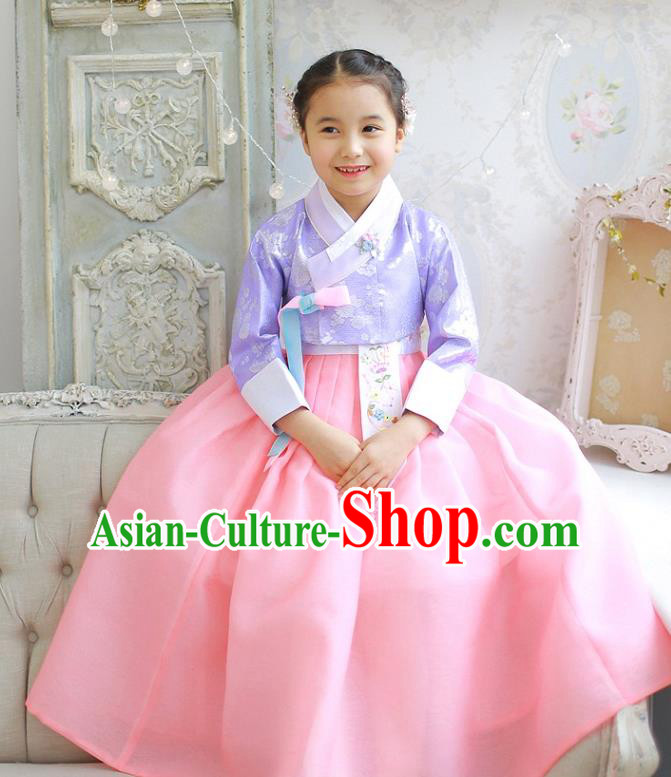 Asian Korean National Handmade Formal Occasions Wedding Girls Clothing Embroidered Purple Blouse and Pink Dress Palace Hanbok Costume for Kids