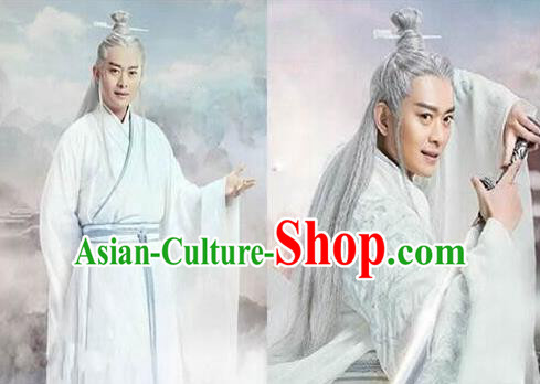 Chinese Ancient Opera Old Men Wig, Traditional Chinese Beijing Opera Taoist Priest White Wig Sheath for Men