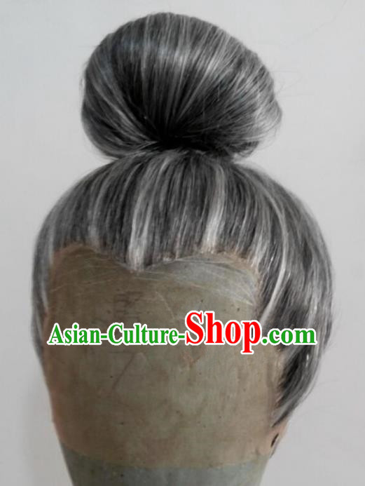 Chinese Ancient Opera Swordsman Black Wig, Traditional Chinese Beijing Opera Old Men Wig Sheath