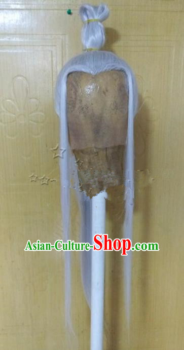 Chinese Ancient Opera Swordsman Taoist Priest White Wig, Traditional Chinese Tang Dynasty Kawaler Wig Sheath for Men