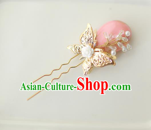 Korean National Hair Accessories Butterfly Pink Hairpins, Asian Korean Hanbok Fashion Bride Wedding Hair Stick Headwear for Women
