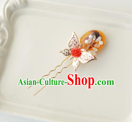 Korean National Hair Accessories Butterfly Brown Hairpins, Asian Korean Hanbok Fashion Bride Wedding Hair Stick Headwear for Women