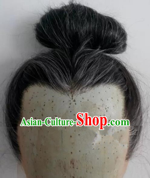 Chinese Ancient Opera Swordsman Old Men Gray Wig, Traditional Chinese Beijing Opera Taoist Priest Wig Sheath for Men