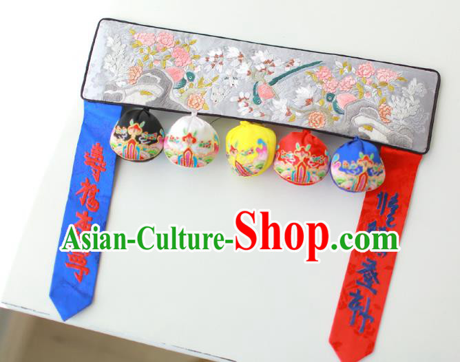 Traditional Korean Accessories Embroidered Birds Flowers Grey Waist Belts, Asian Korean Fashion Waistband Decorations for Kids