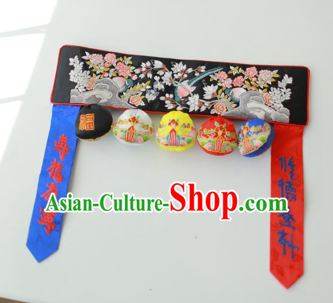 Traditional Korean Accessories Embroidered Birds Flowers Black Waist Belts, Asian Korean Fashion Waistband Decorations for Kids