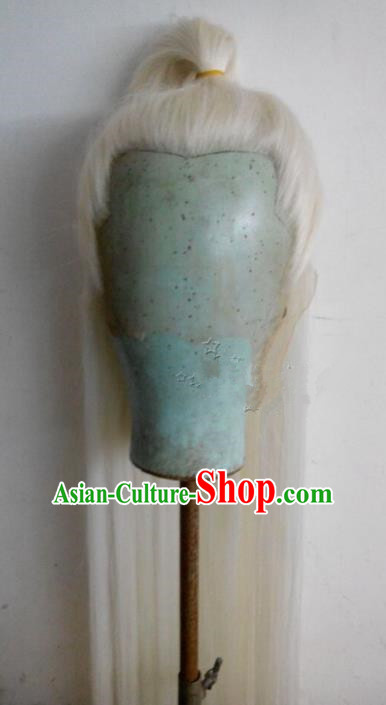 Chinese Ancient Opera Swordsman White Long Wig, Traditional Chinese Beijing Opera Taoist Priest Wig Sheath for Men