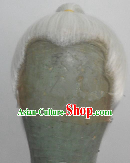 Chinese Ancient Opera Swordsman White Chignon Wig, Traditional Chinese Beijing Opera Taoist Priest Wig Sheath for Men