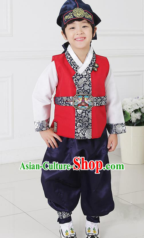 Asian Korean National Traditional Handmade Formal Occasions Boys Embroidery Red Vest Hanbok Costume Complete Set for Kids