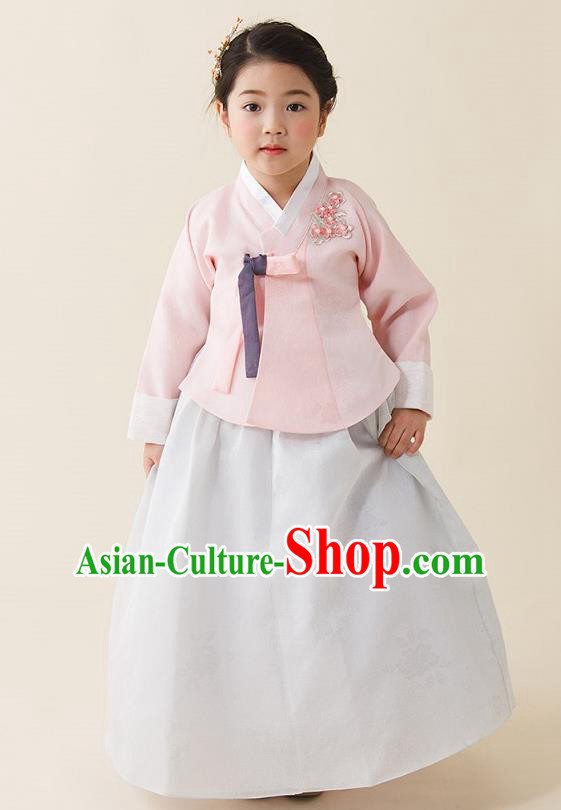 Asian Korean National Handmade Formal Occasions Wedding Girls Clothing Palace Hanbok Costume Embroidered Pink Blouse and White Dress for Kids