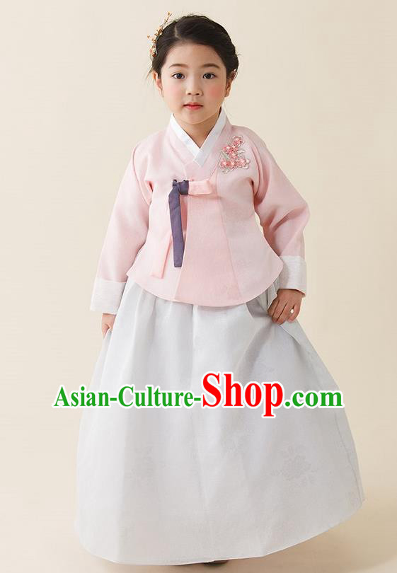 Asian Korean National Handmade Formal Occasions Wedding Girls Clothing Palace Hanbok Costume Embroidered Pink Blouse and White Dress for Kids