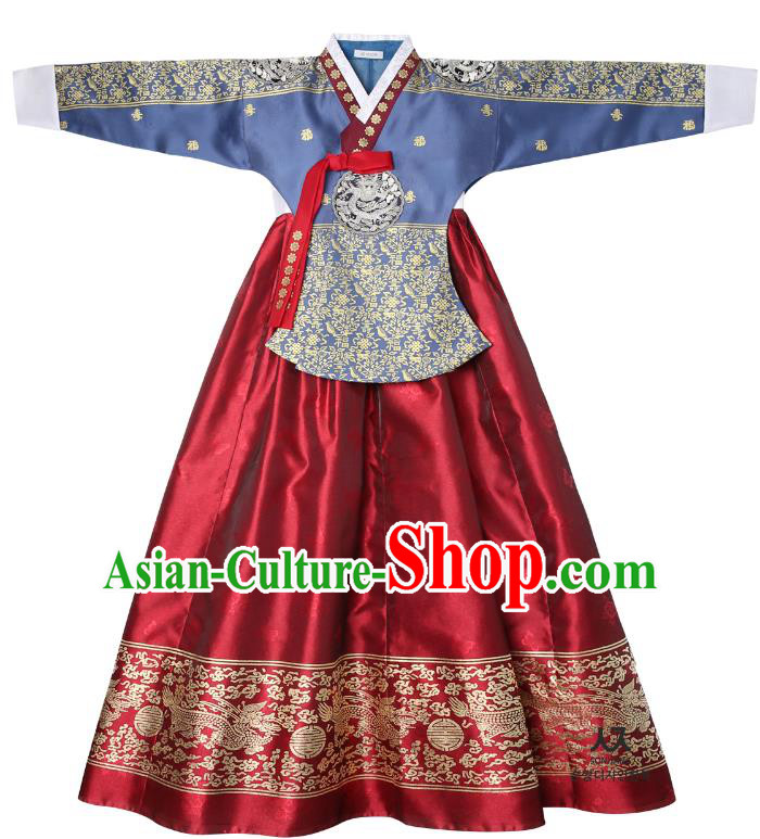 Asian Korean National Handmade Wedding Clothing Palace Bride Hanbok Costume Embroidered Blue Blouse and Red Dress for Women