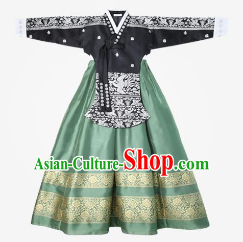 Asian Korean National Handmade Wedding Clothing Palace Bride Hanbok Costume Embroidered Black Blouse and Green Dress for Women