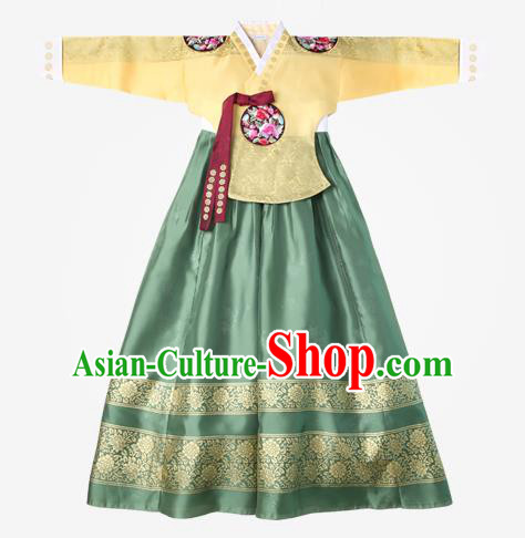 Asian Korean National Handmade Wedding Clothing Palace Bride Hanbok Costume Embroidered Yellow Blouse and Green Dress for Women