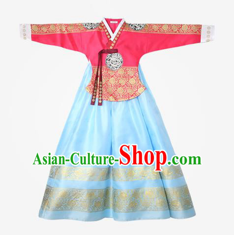 Top Grade Korean National Handmade Wedding Clothing Palace Bride Hanbok Costume Embroidered Red Blouse and Blue Dress for Women