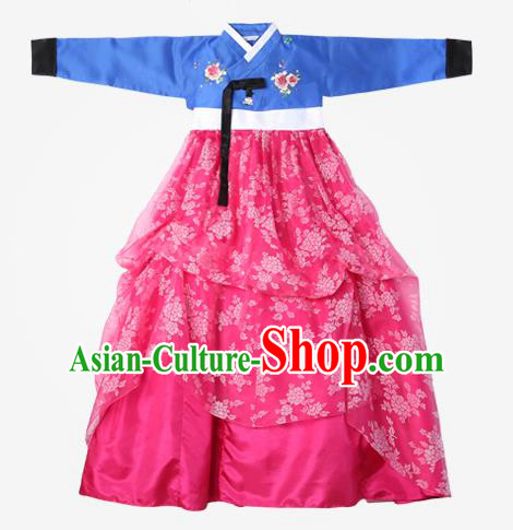 Top Grade Korean National Handmade Wedding Clothing Palace Bride Hanbok Costume Embroidered Blue Blouse and Rosy Dress for Women