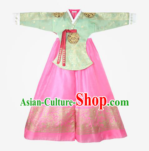 Top Grade Korean National Handmade Wedding Clothing Palace Bride Hanbok Costume Embroidered Green Blouse and Pink Dress for Women