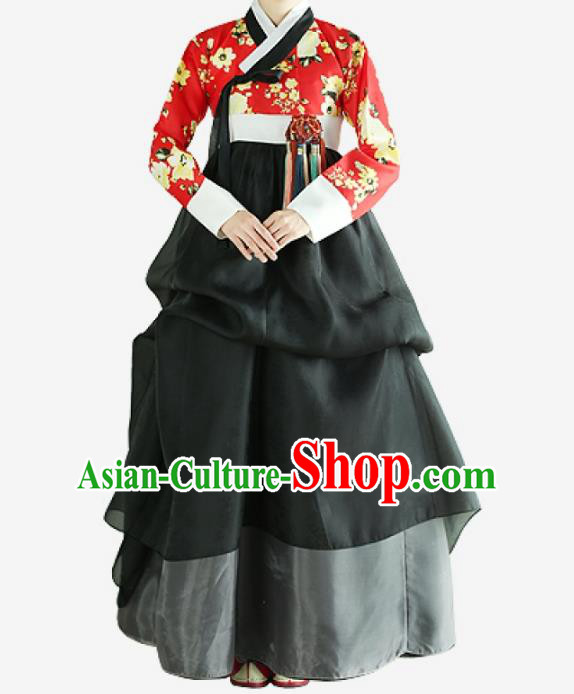 Top Grade Korean National Handmade Wedding Clothing Palace Bride Hanbok Costume Embroidered Red Blouse and Black Dress for Women