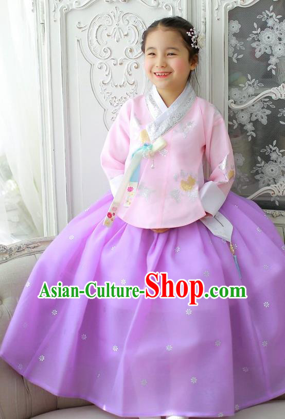 Korean National Handmade Formal Occasions Girls Clothing Palace Hanbok Costume Embroidered Pink Blouse and Purple Dress for Kids