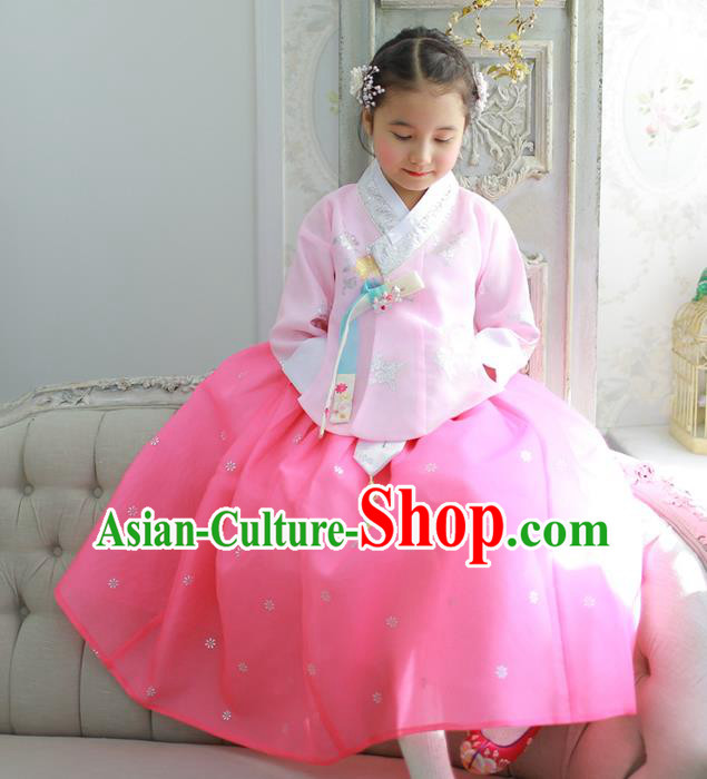 Korean National Handmade Formal Occasions Girls Clothing Palace Hanbok Costume Embroidered Pink Blouse and Dress for Kids