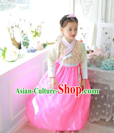 Korean National Handmade Formal Occasions Girls Clothing Palace Hanbok Costume Embroidered Yellow Blouse and Pink Dress for Kids