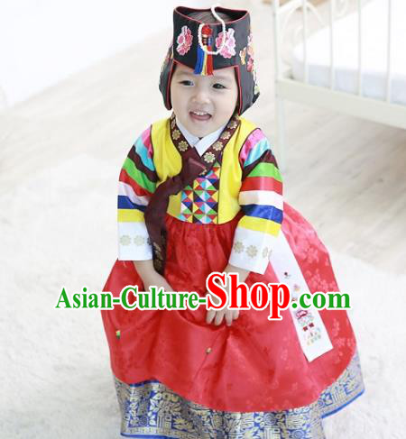 Korean National Handmade Formal Occasions Girls Clothing Palace Hanbok Costume Embroidered Yellow Blouse and Red Dress for Kids
