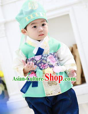 Asian Korean National Traditional Handmade Formal Occasions Boys Embroidery Green Vest Hanbok Costume Complete Set for Kids