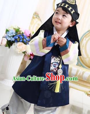 Asian Korean National Traditional Handmade Formal Occasions Boys Embroidery Navy Vest Hanbok Costume Complete Set for Kids