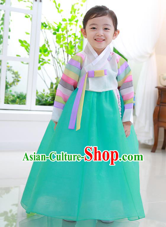 Korean National Handmade Formal Occasions Girls Clothing Palace Hanbok Costume Embroidered White Blouse and Green Dress for Kids